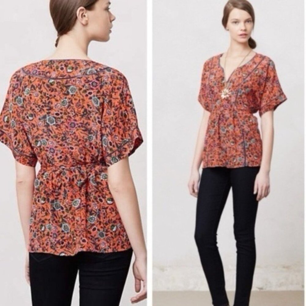 Maeve Anthropologie Maes Floral 100% SILK Top SMALL Kimono Sleeve Tie Back